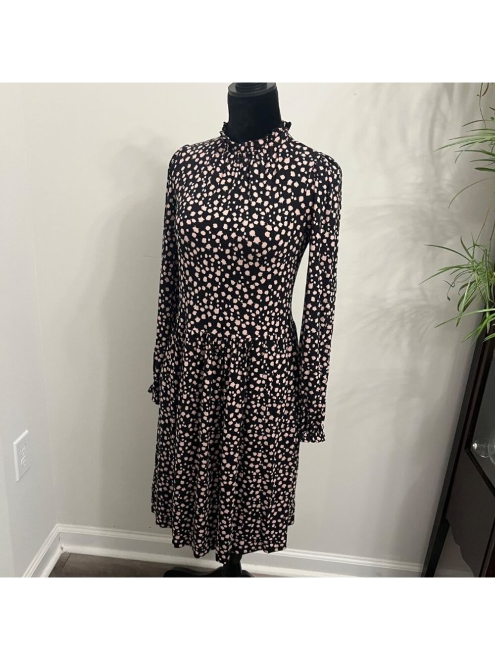 EUC Boden Black & Pink Clara Jersey Midi Dress Long Sleeve Size 10 UK / 6 US
